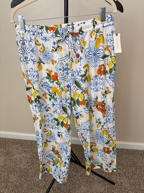 Anthropologie White Linen Pants with Blue Tile & Lemon Print
